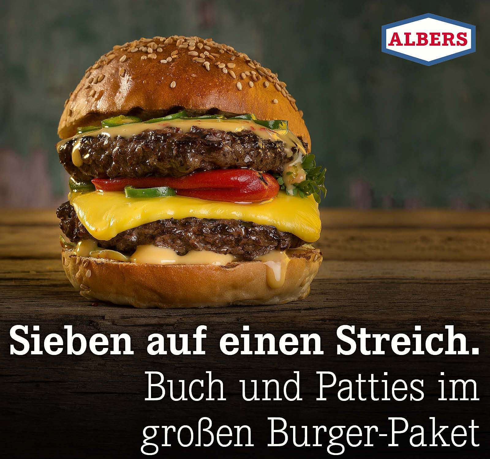 Sieben auf einen Streich. Buch und Patties im großen Burger-Paket