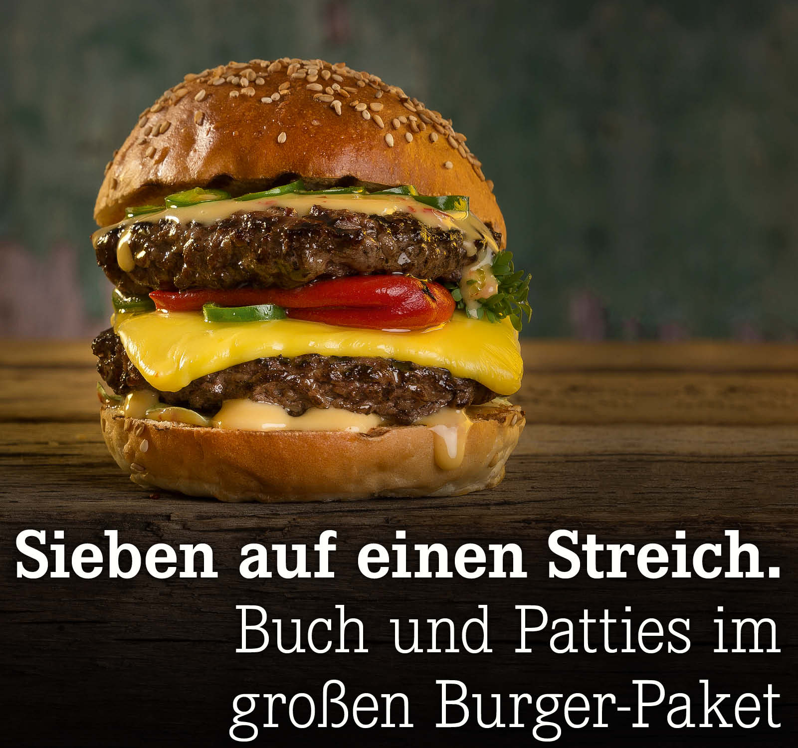 Sieben auf einen Streich. Buch und Patties im großen Burger-Paket