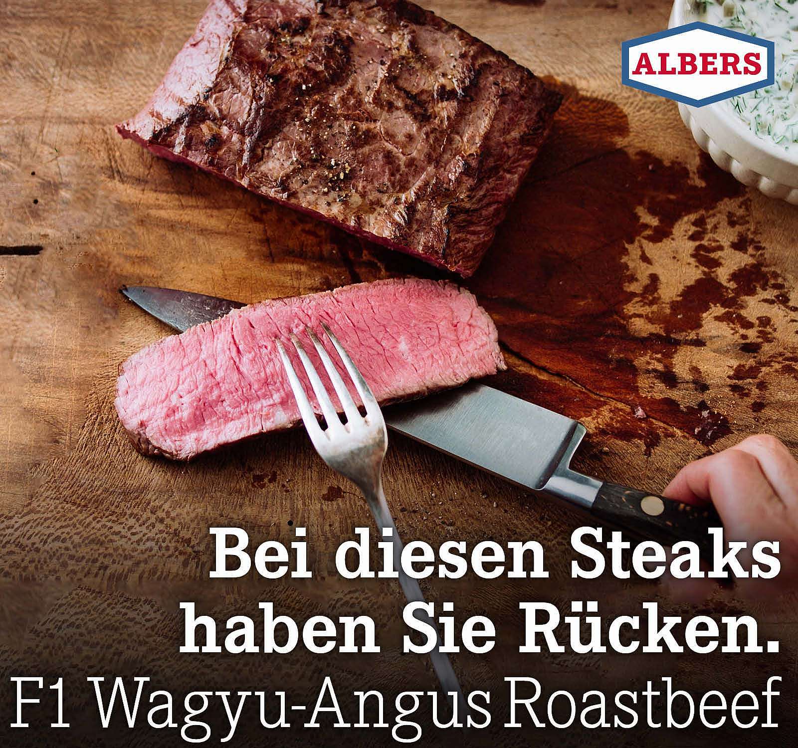 Bei diesen Steaks haben Sie Rücken. F1 Wagyu-Angus Roastbeef